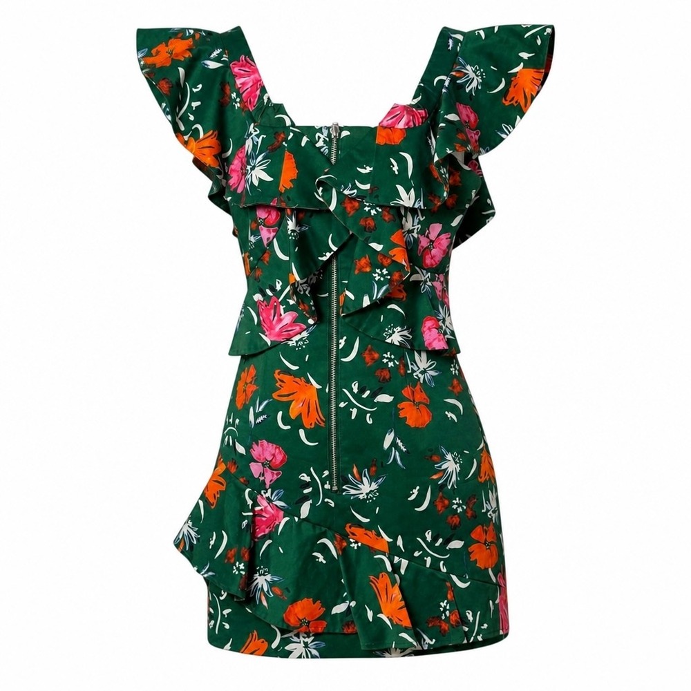 C/MEO COLLECTIVE Green Floral Ruffle Front Zip Mini Dress XS Botanical Summer